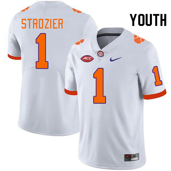 Youth #1 Branden Strozier Clemson Tigers College Football Jerseys Stitched-White